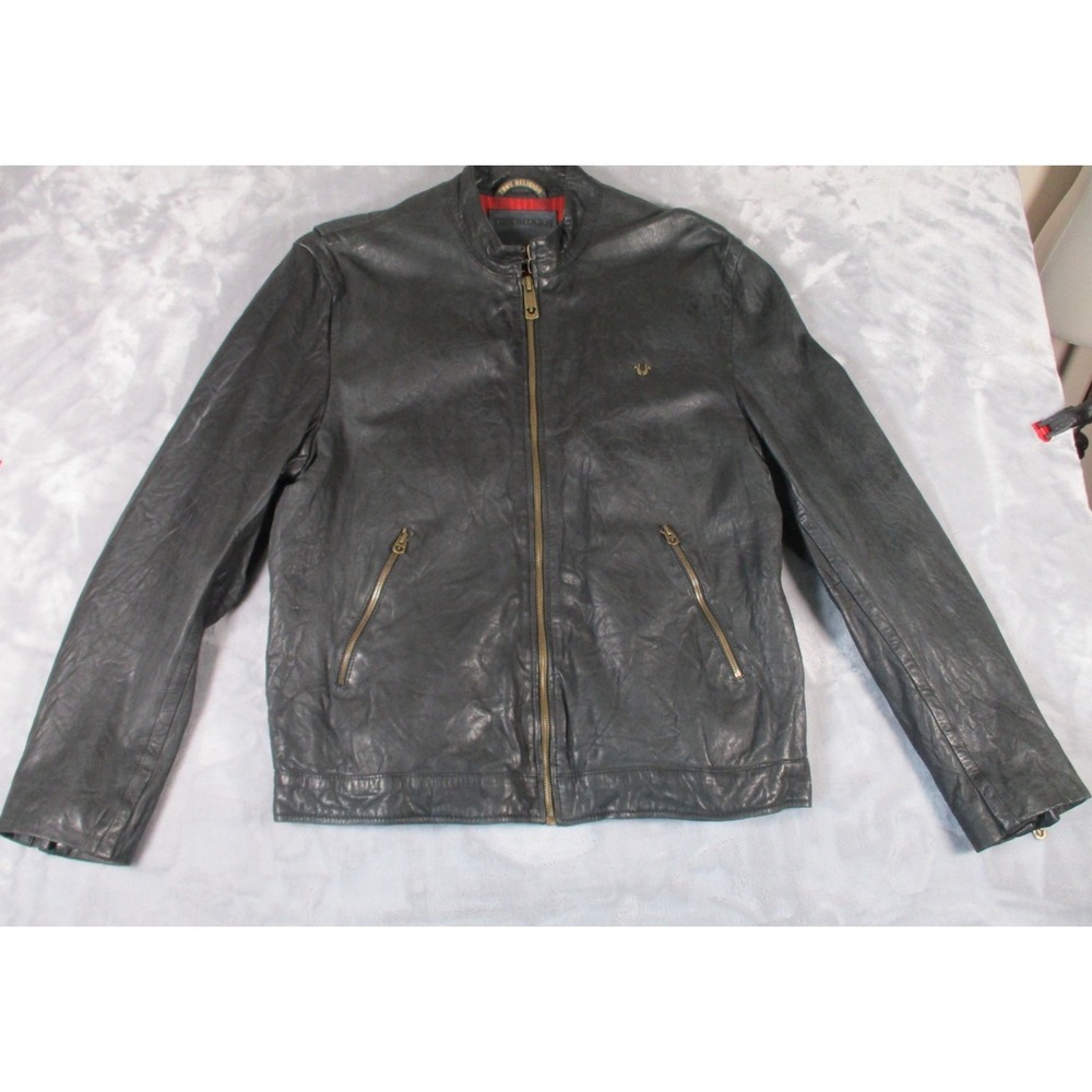 Men's True Religion Black sheep skin leather Flannel Lined Cafe Racer Jacket XL